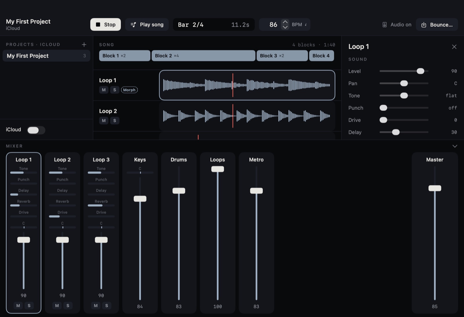 Loopstack Pro's sound panel and mixer